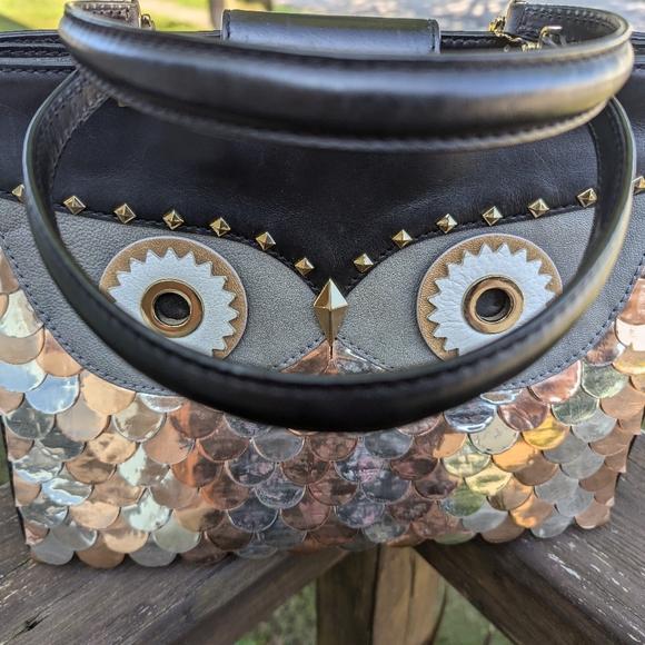 Kate Spade Owl Leather Shoulder Bag Black Gold Copper Silver Feathers GUC RARE - Picture 3 of 15